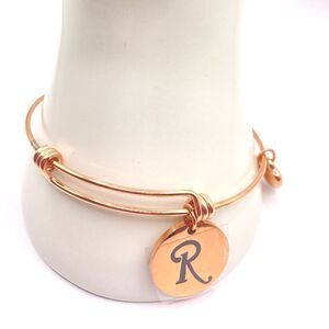 Rose Gold Initial “R” Heart Charm Bangle Bracelet